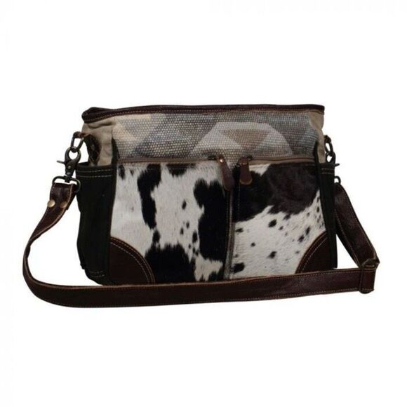 Myra Bag Handmade Bearish Messenger Bag Upcycled Canvas & Cowhide Leather - Picture 2 of 6